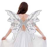 YKW Fairy Wings Adult Women Iridescent Butterfly Wings - 29.92'x23.62' Holographic Cosplay Costume Halloween Party Festival (Silver Medium)