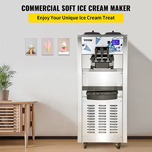 VEVOR Commercial Ice Cream Machine with Two 12L Hoppers Soft Serve Machine with 3 Flavors Commercial Ice Cream Maker 2500W Compressor Soft Ice Cream Machine with LCD Panel for Restaurants Snack Bar