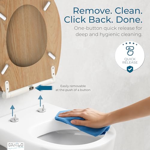Image of Sanilo Wooden Toilet Seat with Quick Release & Soft Close [ROUND] - Decorative & Slow Close Molded Wood Seat - With One Click for Easy Installation & Cleaning - With Adjustable Fit (Wood)