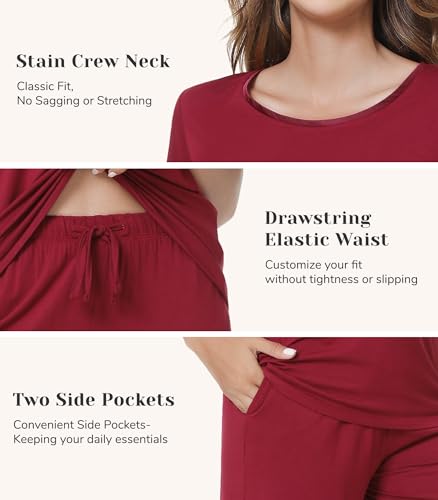 Image of NACHILA Pajamas for Women-Viscose Made from Bamboo,Satin Crew Neck Pajama Sets Short Sleeve Pjs with Capri Pants