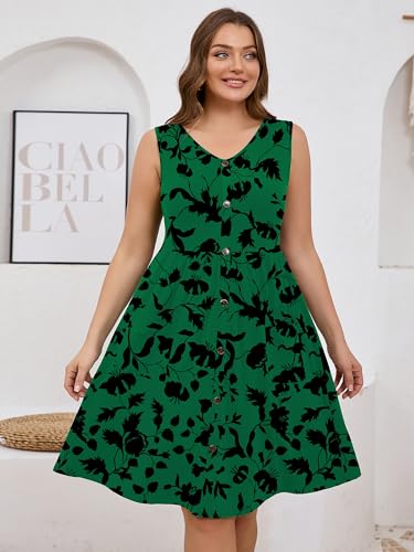 Image of AusLook Plus Size Women Summer Dresses Sleeveless Casual Loose Swing Button Down Midi Dress with Pockets 1X-5X