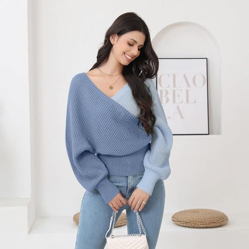 Image of Women's Wrap V Neck Knit Sweaters Batwing Long Sleeve Cross Front Drop Shoulder Fall Pullover Tops