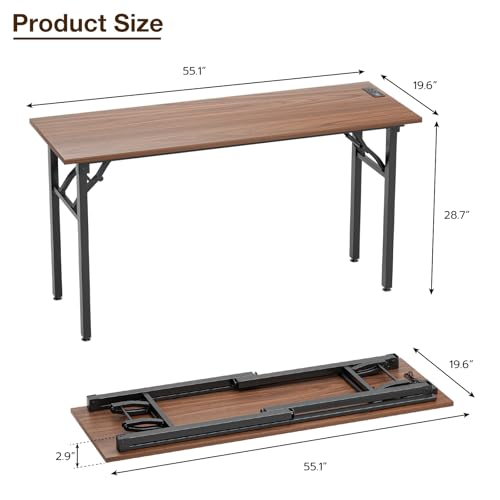 Image of TEMI Long Computer Desk Folding Table - No Assembly, Compact 55.1 inch Foldable Desk with Power Outlets & USB Charging Port, Portable Lagre Office Desk, Ideal Large Study Table for Narrow Spaces, Walunt