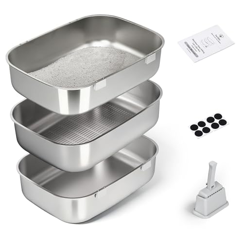 Triple Pan Stainless Steel Sifting Cat Litter Box Large High Sided Metal Litter Box for Big Cats up to 20lbs Odor-Free Non-Stick Easy Clean System No Scooping Sifter Tray for Multi-Cat Homes
