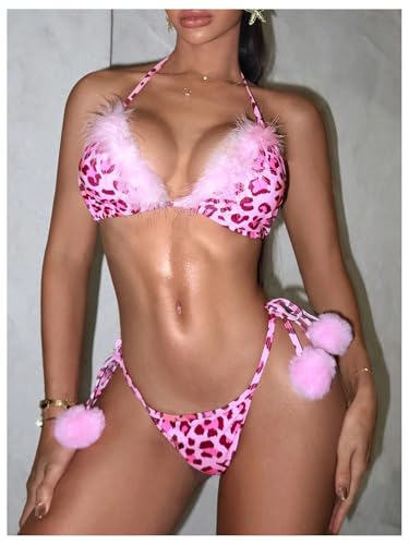 MakeMeChic Women's Cheetah Print Bikini Set Faux Fur Halter Triangle Tie Backless Swimsuit Bathing Suits4