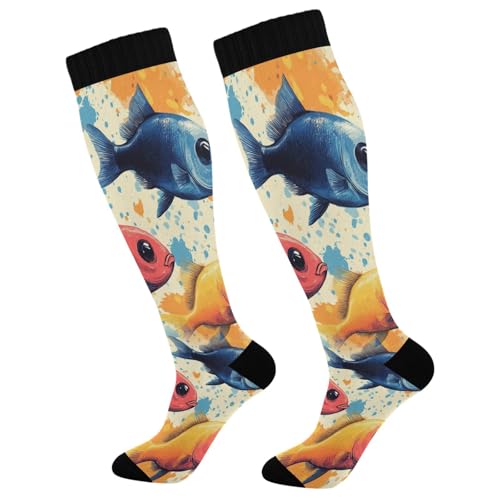 Two Pairs Bass Fish Graffiti Funny Fun Knee High Socks Warm Soft Compression Wear Resisting Running Socks