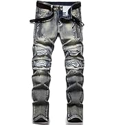 XIMXIMMTIAN Men's Biker Moto Washed Distressed Slim Fit Straight Jeans Denim…
