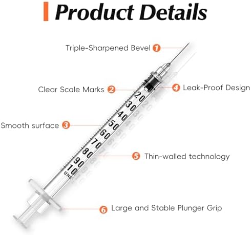100팩 1ml/cc 27G 1.3cm(1/2인치) 주사기, 개별 포장 — 사진 4