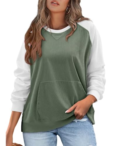 KISSMODA Women's Casual Long Sleeve Sweatshirt Color Block/Solid Crewneck Corduroy Pullover Cute Tops