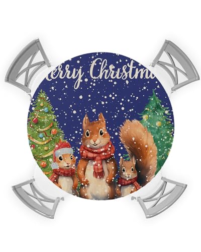 Xmas Squirrel Round Waterproof Table Cover Fitted Tablecloth, Wipeable Fabric Elastic Table Cloth Oil-Proof Tablecover for Indoor Outdoor Picnic Party, Christmas Pine Tree Vintage Blue 36