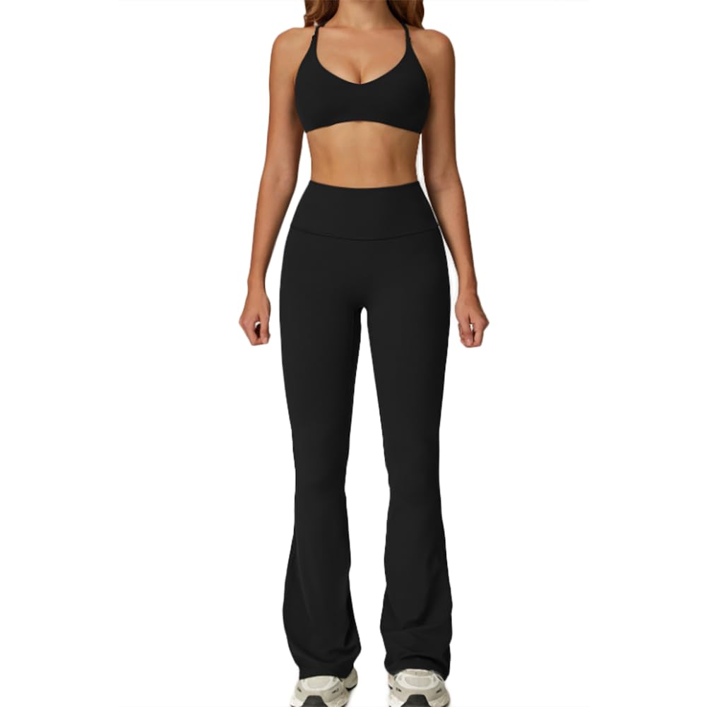 JPXJGT Women's Sexy Solid Crop Top and Leggings Set with Elastic Waist Breathable Gym Fitness Yoga Suit(Size:L,Color:Black)