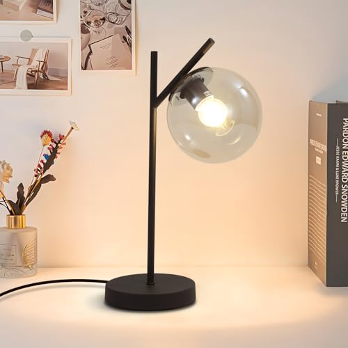 Image of Mid Century Table Lamp Vintage Bedroom Desk Lamp Black Nightstand Lamp Contemporary Clear Glass Globe Bedside Lamp for Office Study Room