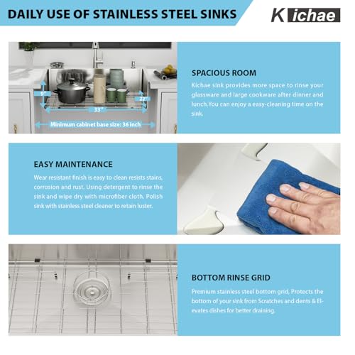 Image of Kichae 33 Drop In Kitchen Sink with Faucet Combo - Stainless Steel Sinks 33 x 22 Inch Topmount Overmount Single Bowl Handmade Basin with Accessories