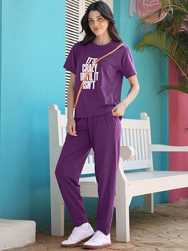 Image of ZEYO Night Suit for Women's Typography Printed Cotton Night Dress of Top and Joggers