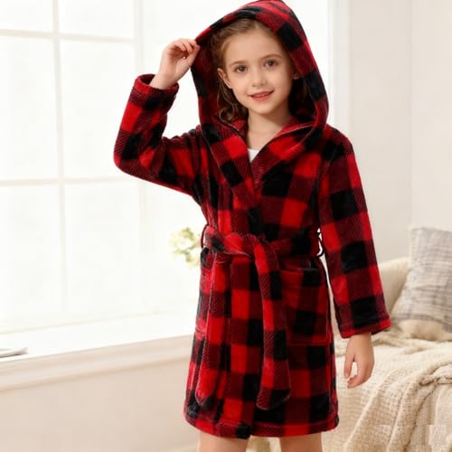 Image of Boys Girls Bathrobes,Toddler Boy Girl Robes,Children's Plush Soft Coral Fleece Hooded Pajamas Sleepwear for Kids