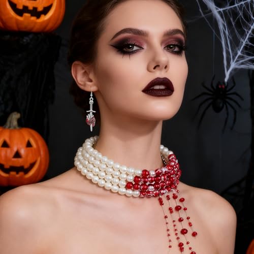Vampir Kostüm Damen Set - Halloween Accessoires Damen & Vampir Zubehör - Blutige Perlenkette & Ohrringe für den Grusel-Look, Halloween Kostüm damen, Verstellbarer Blutige Perlenkette für Halloween