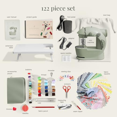 Image of Hearth & Harbor Mini Sewing Machine for Beginners, Dual Speed Small Portable Sewing Machine for Kids and Adults with Extension Table, 122 Piece Gift Set Includes, Fabrics, Project Book and More, Green