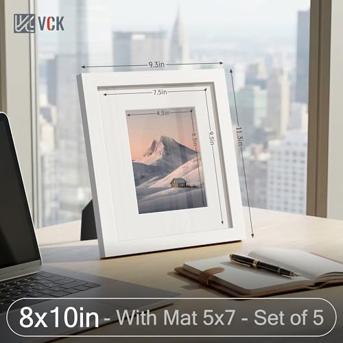 Image of VCK 8x10 Picture Frame 5 Pack, White Wood, 5x7 Mat, Glass, for Photo Print