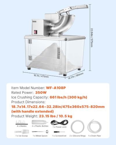 Image of VEVOR Commercial Ice Crusher 661LBS /H, 350W Electric Snow Cone Machine with 4 Blades, 2000RPM Stainless Steel Shaved Ice Machine with 11 Gal Crushed-Ice Box, for Family Restaurants Bars, Silver