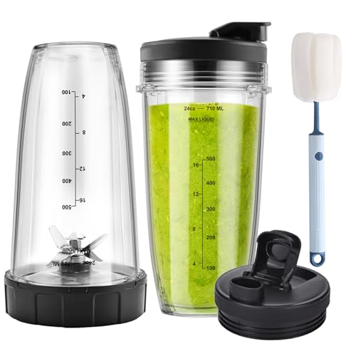 Ninja Blender Cups Replacement and Blade 6pcs, 24oz Ninja Cups for Blender and 7Fins Blade Replacement, Ninja Blender Replacement Parts for Auto iQ BL642-30 BL450-30 BL482-30 BL687CO-30 ect.