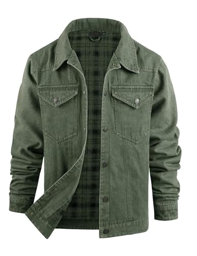 Flygo Mens Flannel Lined Denim Jacket Snap Cowboy Cut Western Classic Slim Fit Vintage Heavy Duty Jacket Trucker Coat