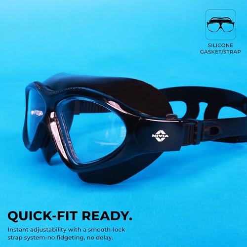 Image of NIVIA Unimask Sr. 2.0, Swimming Goggles for Adults, Polycarbonate Clear Glass, Anti Fog Goggles for Men, Silicon Strap, UV Protection, Comfort Fit, Training Swim Goggles for Men & Women - Black