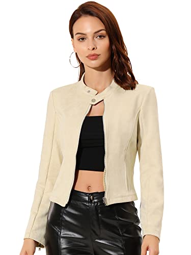 Allegra K Veste en faux daim pour femme avec col montant, fermeture éclair, manches longues - Style motard, beige, S