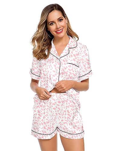 Image of LecGee Womens Silk Satin Pajamas Set Short Sleeve Sleepwear Button Down Nightwear Soft Pj Lounge Sets