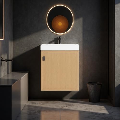 Image of 18.5 inch Bathroom Vanity with Resin Sink, Modern Wall-Mounted Floating Bathroom Vanity with Soft Closed Single Door for Home, Undermount Storage Cabinet, Easy to Clean, Natural Wood