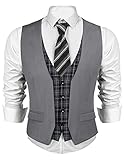 COOFANDY Men's Business Suit Vest Layered Plaid Dress Vest Waistcoat for Wedding,Party Grey