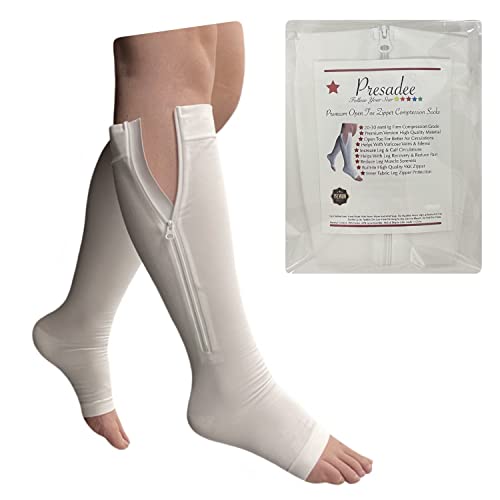 Image of Presadee Premium 20-30 mmHg Firm Compression Leg Calf YKK Zipper White Socks (Open Toe, 3)