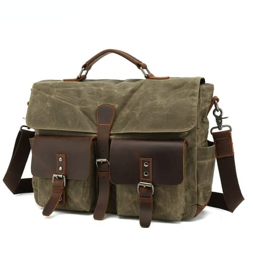 SCOFY FASHION Vintage Waterproof Wax Canvas Laptop Handbags Briefcase for Work Computer Bags Outdoor Crossbody Bag (Army Green)