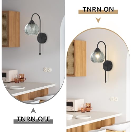 Image of KCO Lighting Modern Glass Globe Wall Sconce Smoke Gray Glass Vanity Light Long Black Wall Sconces Set of Two Industrial Mid Century Wall Sconce Bedroom Wall Lamps Hardwired