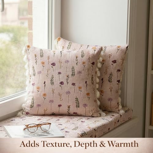 Image of STITCHNEST 'Little Meadow Series' Tassled Cushion Cover | Set of 2 | Floral Cushion Cover 16 inch x 16 inch