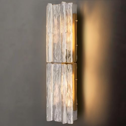 Modern Brass Wall Sconce,30in Gold Large Clear Glass Wall Sconces with Water Ripple,Indoor Hardwired Wall Sconces for Large Spaces,Living Room,Hallway,Stairway Sconces Wall Lighting,Included E26 Bulbs