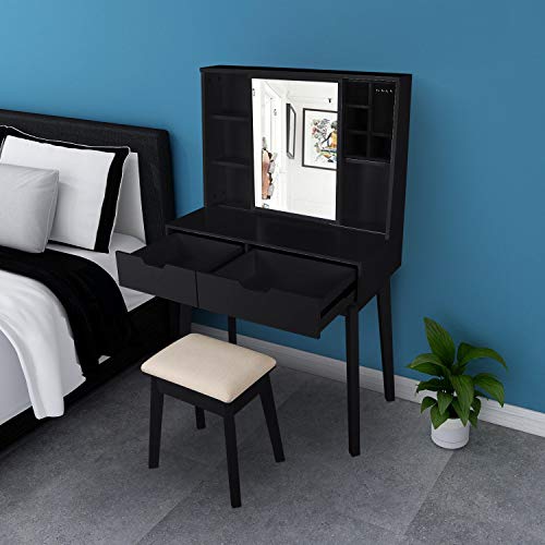 Lynslim Vanity Table Set With Mirror And Makeup Organizer Dressing Table,2 Large Drawers With Sliding Rails,Storage Shelves,Jewelry Box,Cushioned Stool,Makeup Vanity Desk (Black) #TOP1
