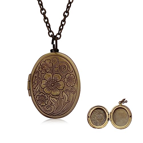 POYAMUSE Retro Flower Locket Pendant Necklace - Vintage Copper Colored