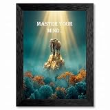 Framed Canvas Wall Art Surreal Digital Composite Elephant on Floating Mountain Teal and Gold Motivational Canvas Print Poster Black Frame Wall Decor for Office Surreal, Home Decor - Inch 8x10