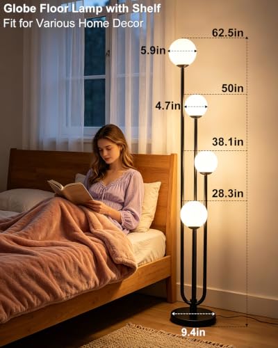 Image of 63IN 4-Light Globe Floor Lamp, Unique Black Tall Standing Lamps with 3000K Bulbs for Reading, Mid Century Modern Floor Lamp with 5Lbs Heavy Base for Living Room Bedroom Office