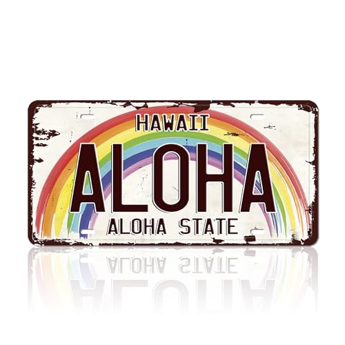 Placa de matrícula hawaiana de Aloha, letrero hawaiano, arte de pared, decoración de habitación playera, placa de matrícula hawaiana vintage de verano, letrero de metal Aloha para decoración del