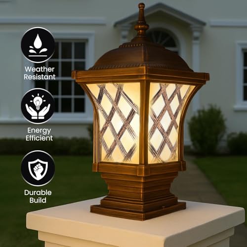 Image of GIGAWATTS Express Outdoor Gate Light - 101% Rust & Waterproof Die-Casting Aluminium Exterior Piller Lamp Base Mount for Garden, Boundary Walls & Home Entrances (B22 Holder, Bulb Not Included, Gold)
