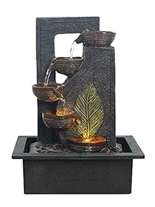 CHRONIKLE Polyresin Table Top Black 4 Diya Steps & Green Leaf Design Indoor Water Fountain for Home Decor with LED Lights & Speed Controller Pump (Size: 40 x 29.5 x 22 CM | Weight: 2250 grm)