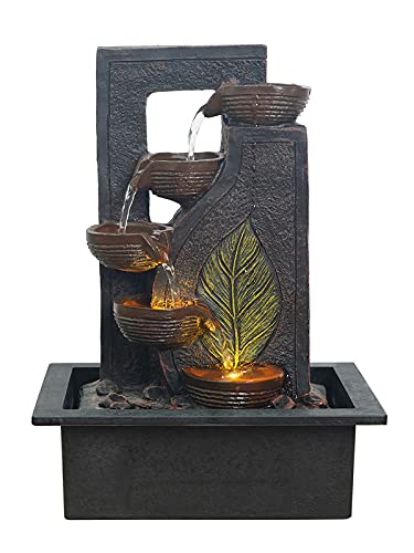 Heritage India Polyresin Table Top Black 4 Diya Steps & Green Leaf Design Indoor Home Decor Waterfall Fountain with Yellow LED & Speed Controller Pump (Size: 40 x 29.5 x 22 CM | Weight: 2250 grm)