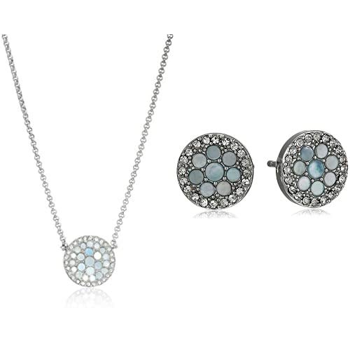 Fossil Women's Blue Mosaic Stainless Steel Necklace, Silver Tone And Crystal Stud Earrings #TOP8
