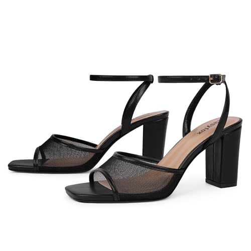 Image of Easyfox Open Toe Chunky Heel Sandals for Women Ankle Strap 3 Inch High Heels Dress Wedding Block Shoes
