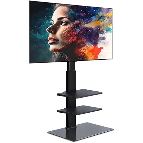 FITUEYES Swivel Floor TV Stand with Mount for TVs 37 43 50 55 60 65 70 75 Inch LCD LED Flat/Curved Screens Universal Swivel Televisions TV Mount Stand for Bedroom Living Room Black Tempered Glass Base Cover