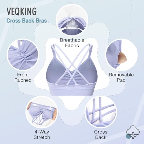 Image of VEQKING Ruched Sports Bras for Women Large Bust, Seamless Yoga Bra, 3 Pack | Removable Padded, Strappy Criss Cross Back, Medium Support for Yoga, Pilates & Gym, Full Coverage, No Bounce, No Spillage
