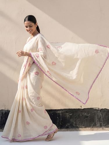 Image of AKHILAM Women's Shimmer Off White Chanderi Cotton Floral Hand Paint Embroidered Lace work Saree With Unstitched Blouse Piece | saree for woman | Designer Saree for Women | Soft and Skin Friendly