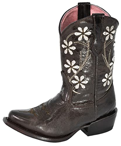 Kids Dark Brown Flower Embroidered Western Cowboy Boots Snip Toe