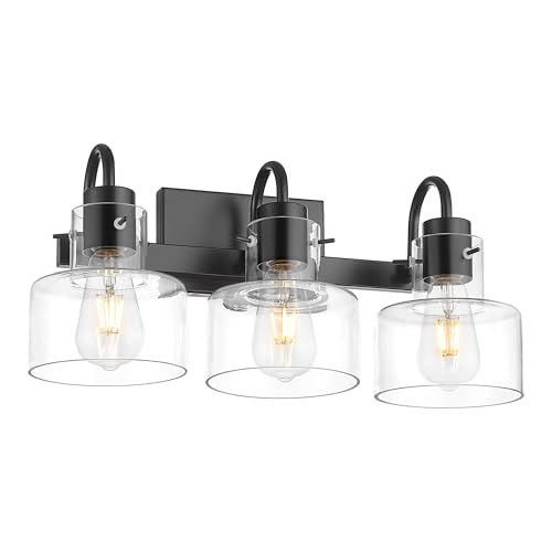 Image of Bathroom Light Fixtures, 3-Light Matte Black Vanity Lights with Clear Glass Shade, 20 Inch Vintage Vanity Lighting Fixtures Over Mirror, VL124-MB-3